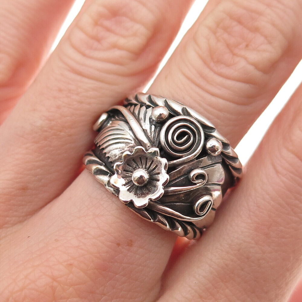 Old Pawn 925 Sterling Silver Vintage Southwestern Floral Tribal Ring Size 10
